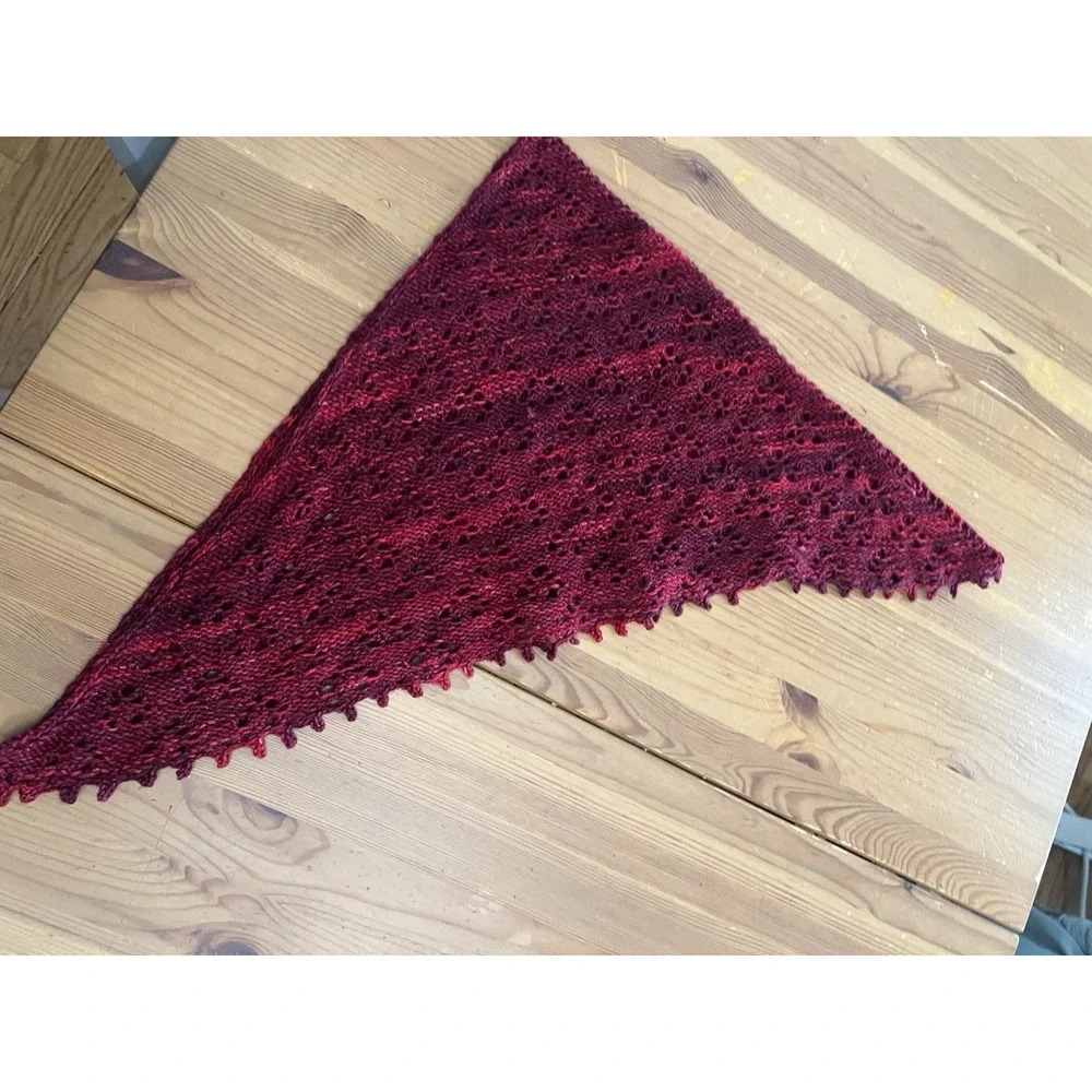 Vintage Hand Knit Burgundy Lace Triangle Scarf Wrap 40